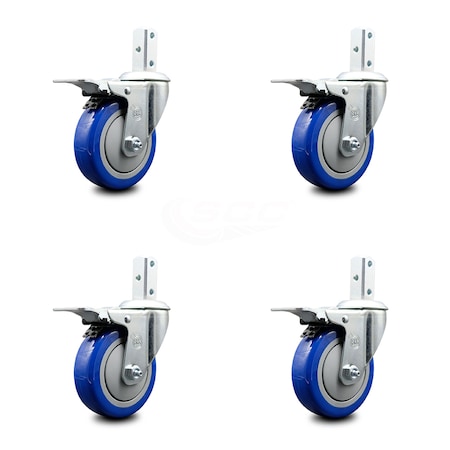 4 Inch Blue Poly Wheel Swivel 7/8 Inch Square Stem Caster Set Total Lock Brake
